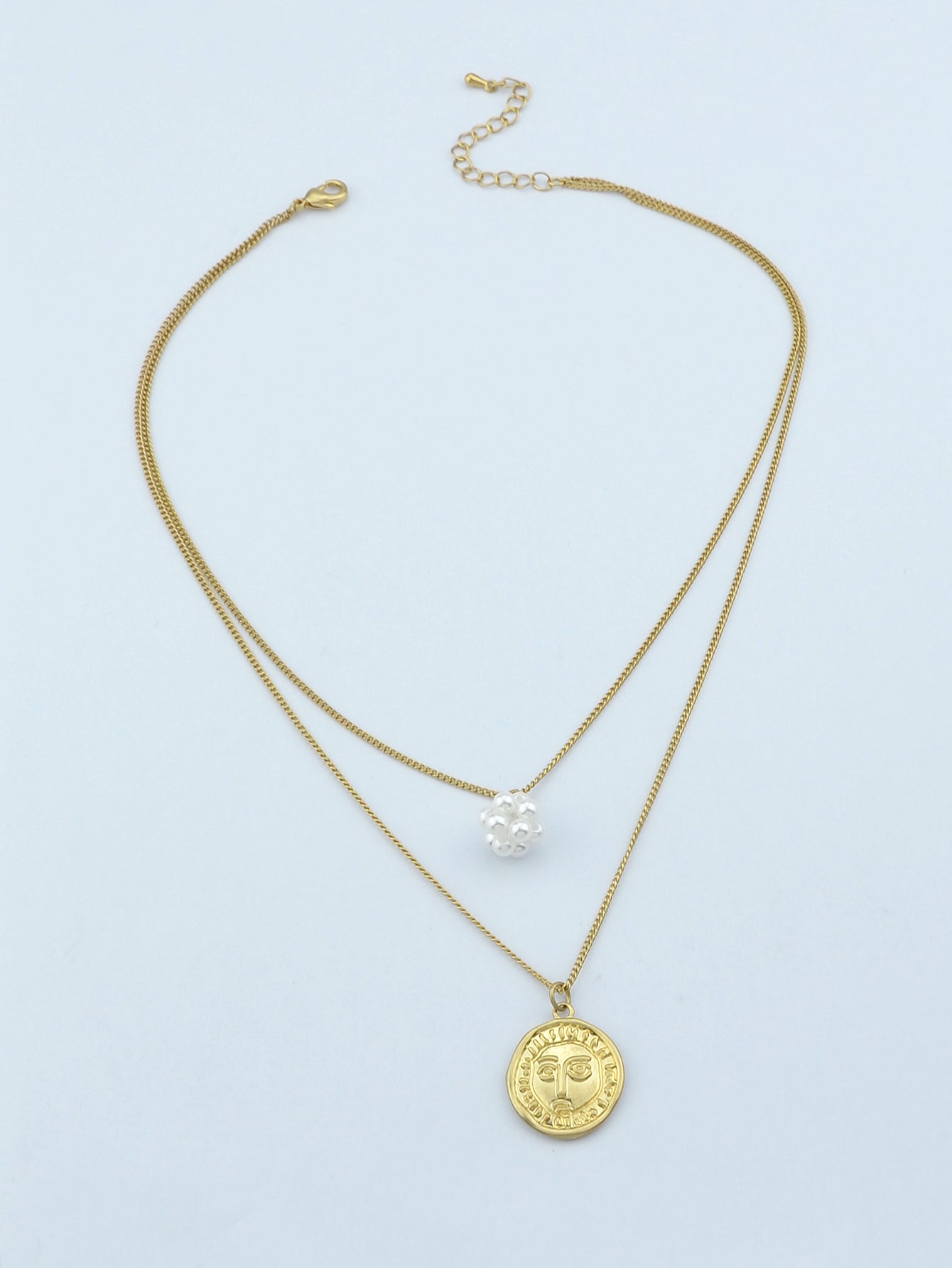 Personality Jewelry Double layer Gold Chain Pearl Ball Face Round Charm Necklace