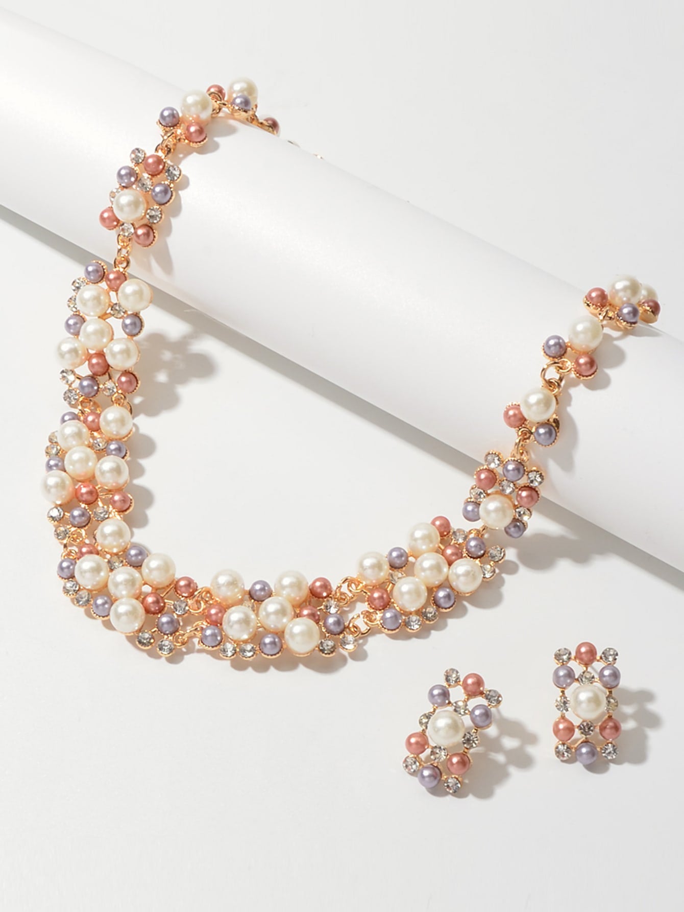 Rhinestone Pearl Collar Necklace Stud Earrings Luxurious Engagement Jewelry Set-2