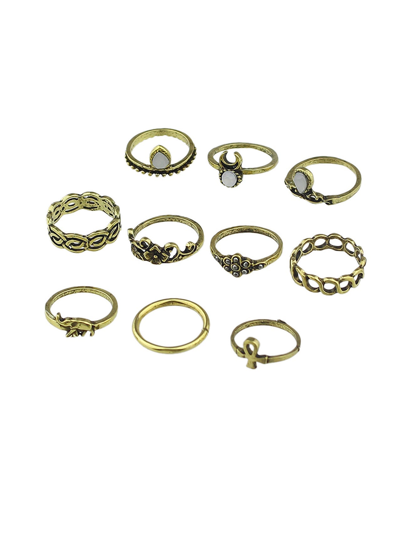 Stackable 10 pcs Tribal Ethnic Flower Elephant Vintage Multiple Finger Ring set