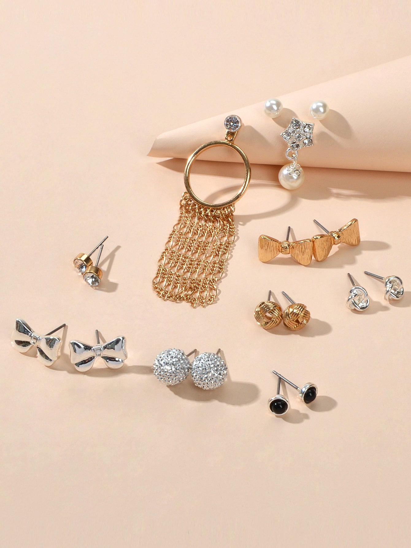 9 pairs Bowknot Rhinestone Pearl Stud Flower Tassel Chain Dangle Earrings Gift