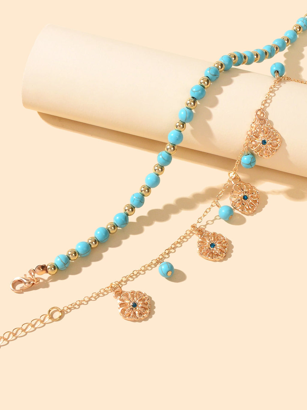 2pcs Handmade Turquoise Beads Anklets Boho Round Charm Bracelets Foot Anklet Set