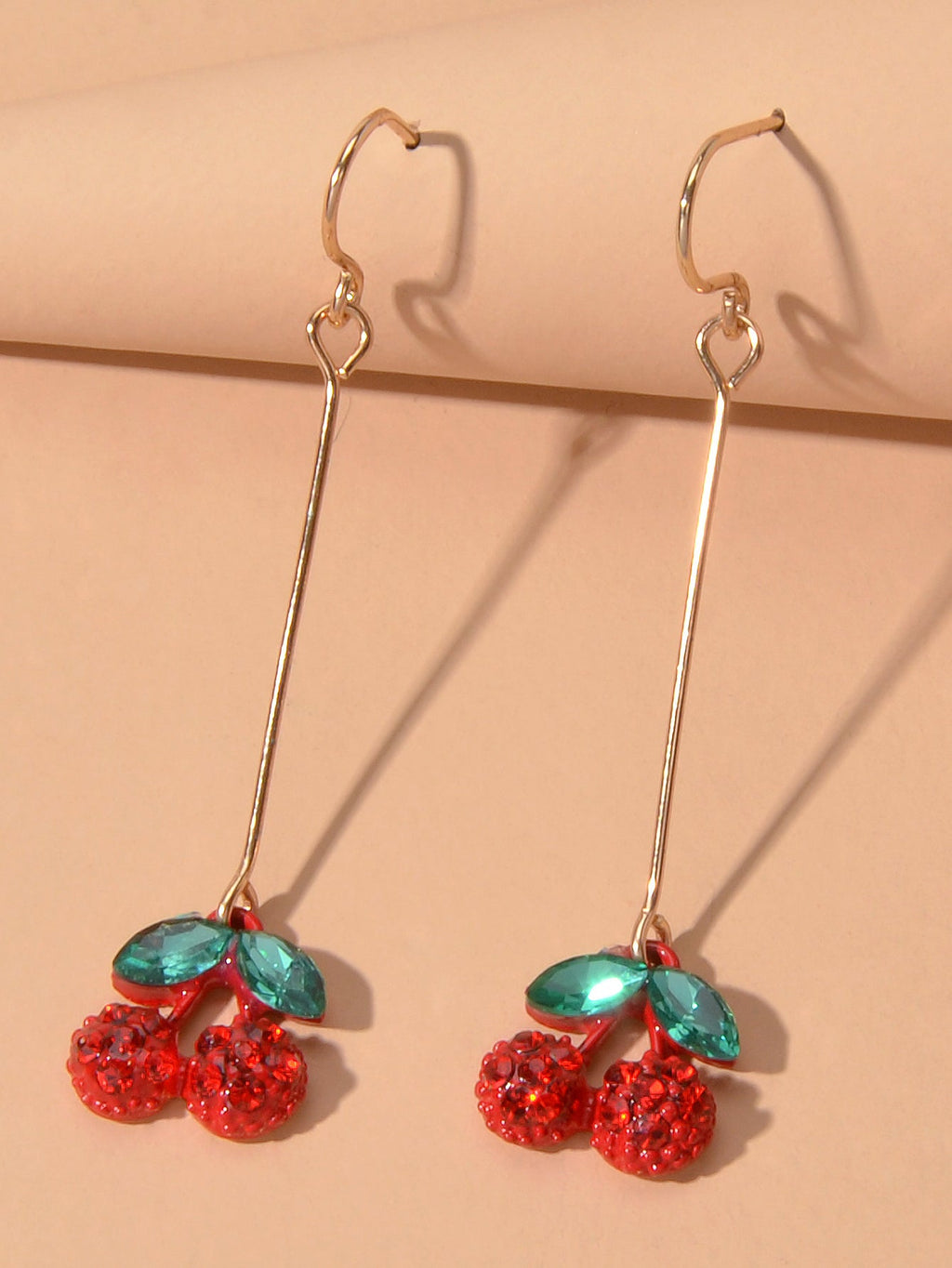 Gift Jewellery Cute Funny Green Crystal Red Cherry Long Dangle Pendant Earrings