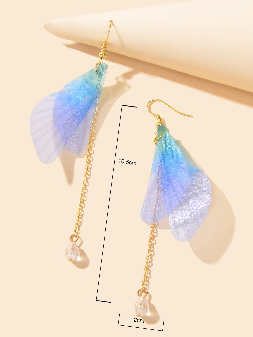 Unique Gold Chain Dangle Blue Transparent Dragonfly Wing Earrings Insect Jewelry