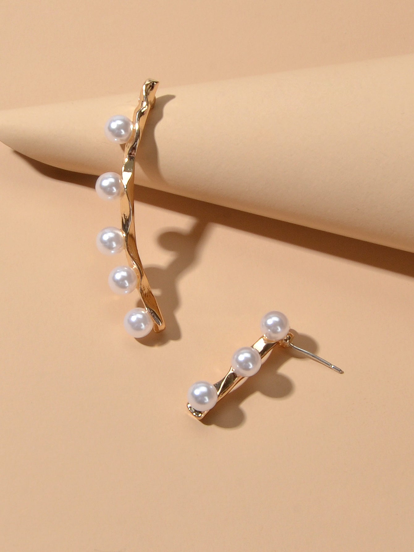 Anniversary Jewellery Pearl Decor Gold Strip Asymmetric Pierced Stud Earrings