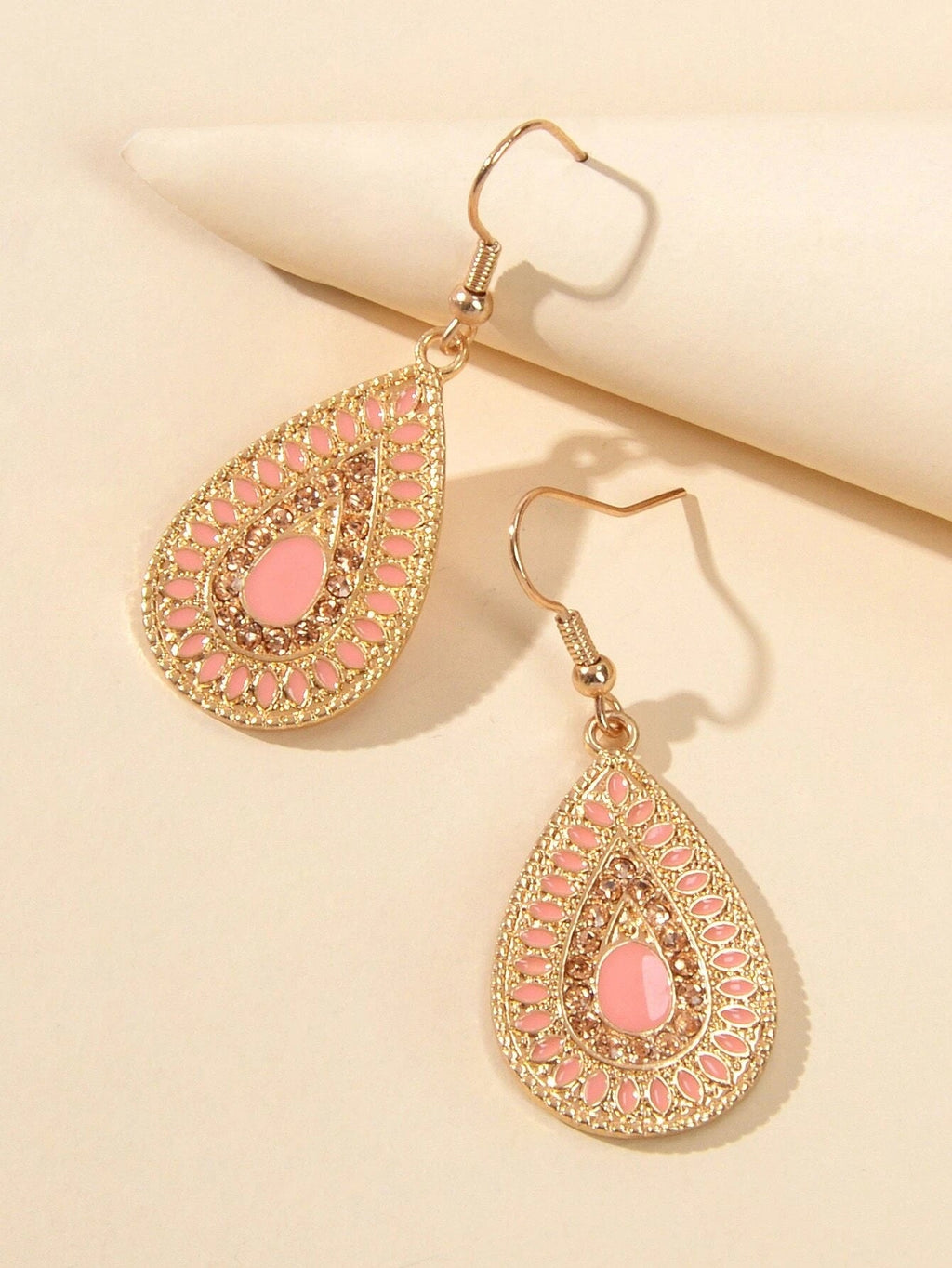 Rhinestone Pink Enamel Water Drop Earrings Teardrop Crystal Dangle Hook Ear Stud