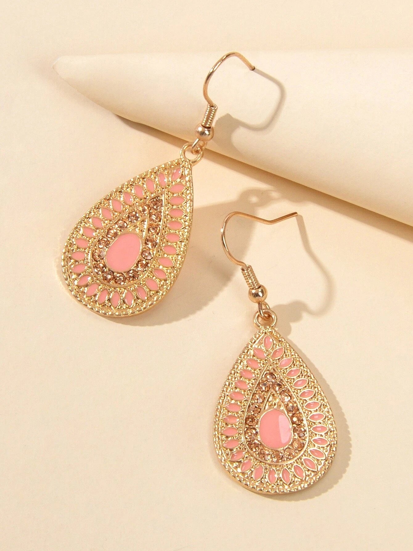 Rhinestone Pink Enamel Water Drop Earrings Teardrop Crystal Dangle Hook Ear Stud