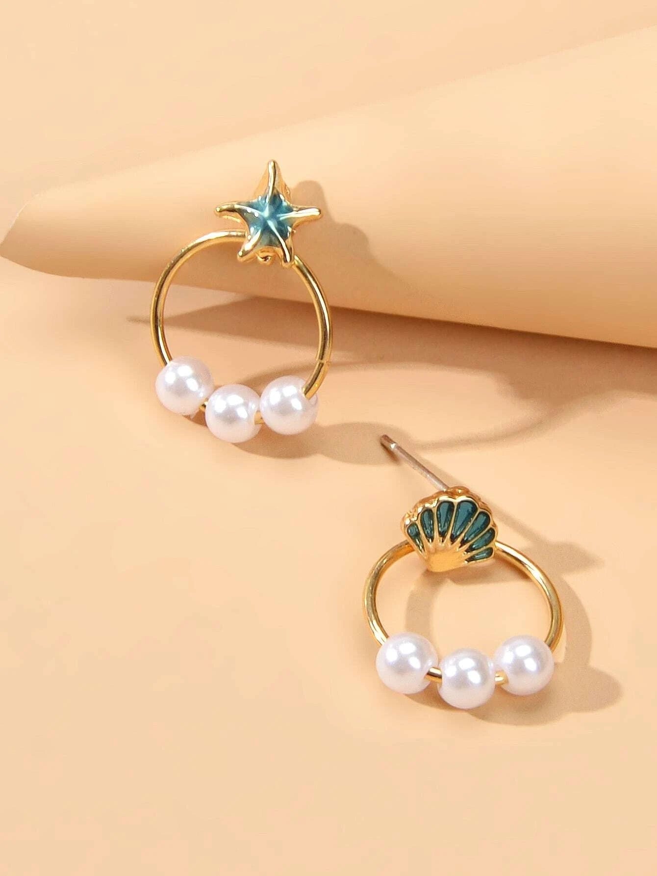 Fashion Jewellery Gold Circle Starfish Shell Asymmetric Stud Earrings Accessory