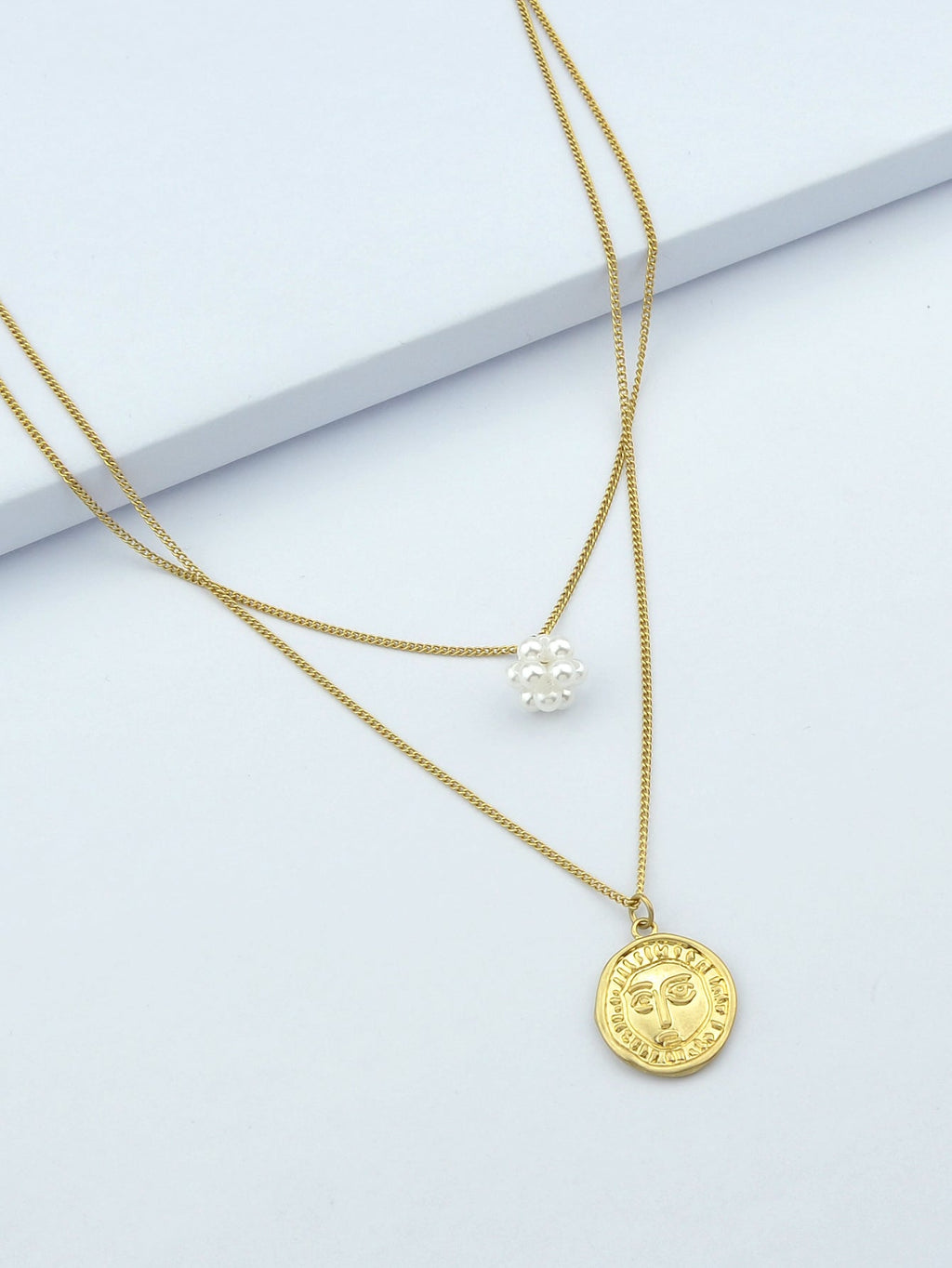 Personality Jewelry Double layer Gold Chain Pearl Ball Face Round Charm Necklace