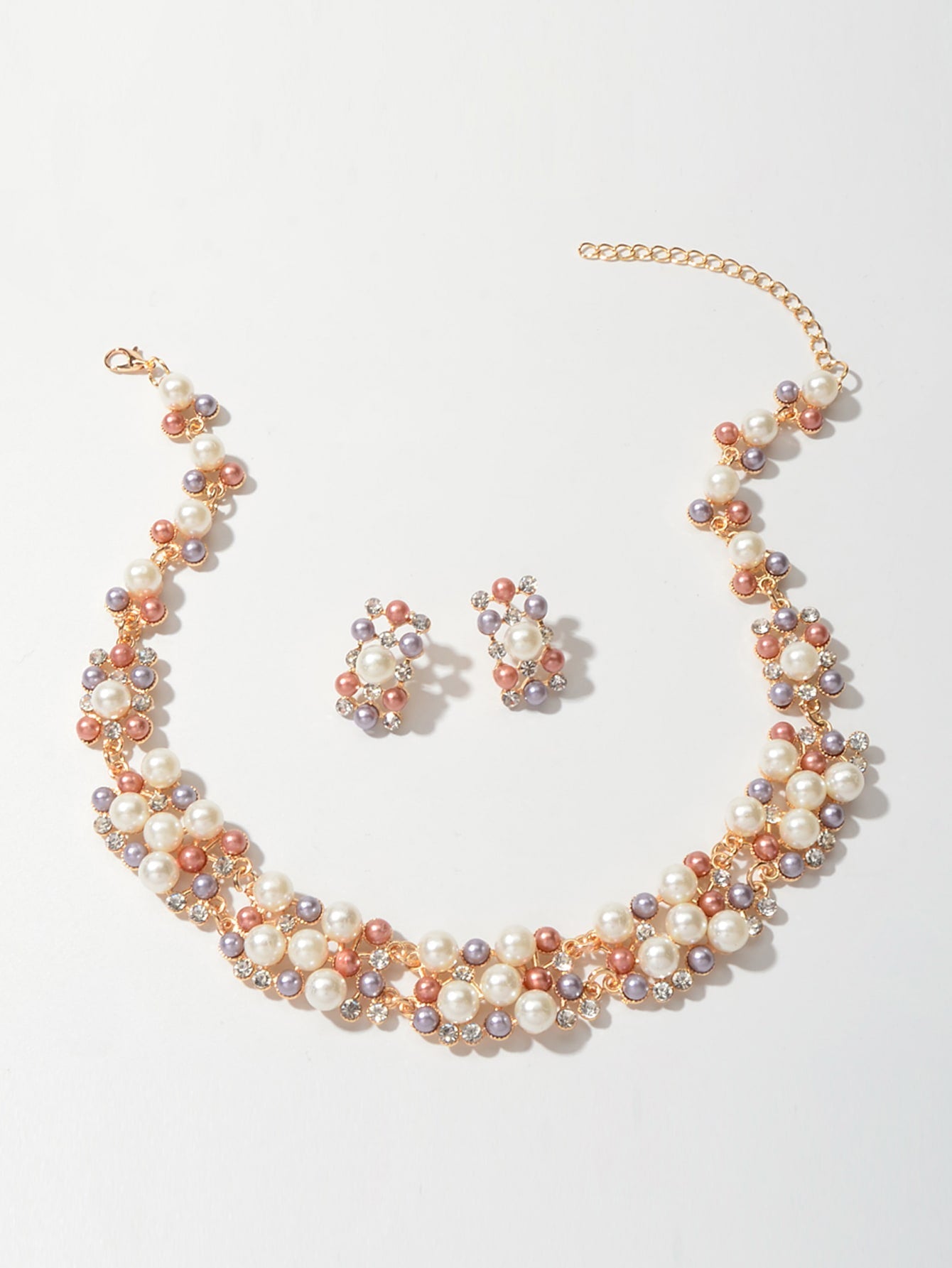 Rhinestone Pearl Collar Necklace Stud Earrings Luxurious Engagement Jewelry Set-3