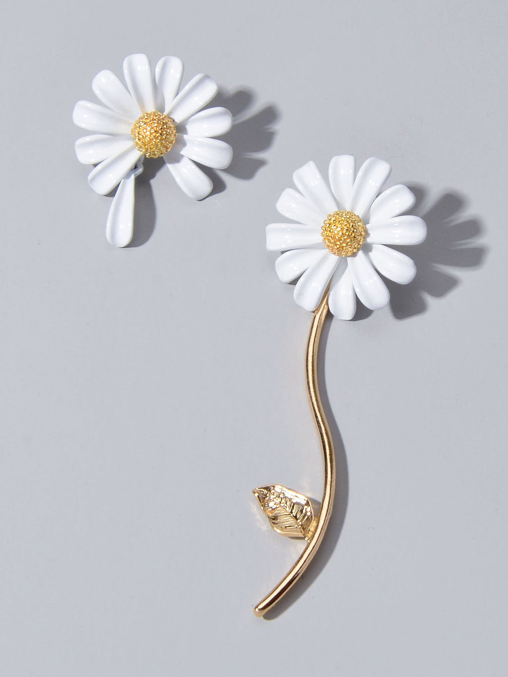 Asymmetrical White Enamel Flower Stick Stud Dangle Earrings Ear Jacket Jewellery