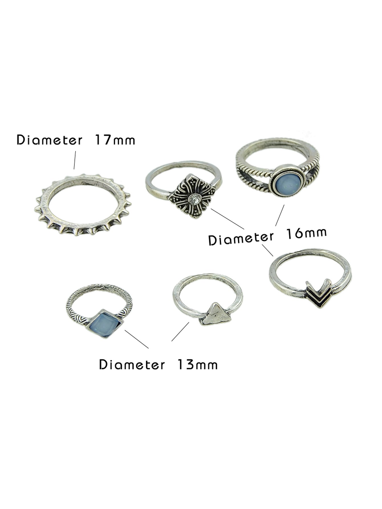Vintage 6pcs Blue Bead Decor Arrow Flower Multiple Bulk Pack Joint Knot Ring set