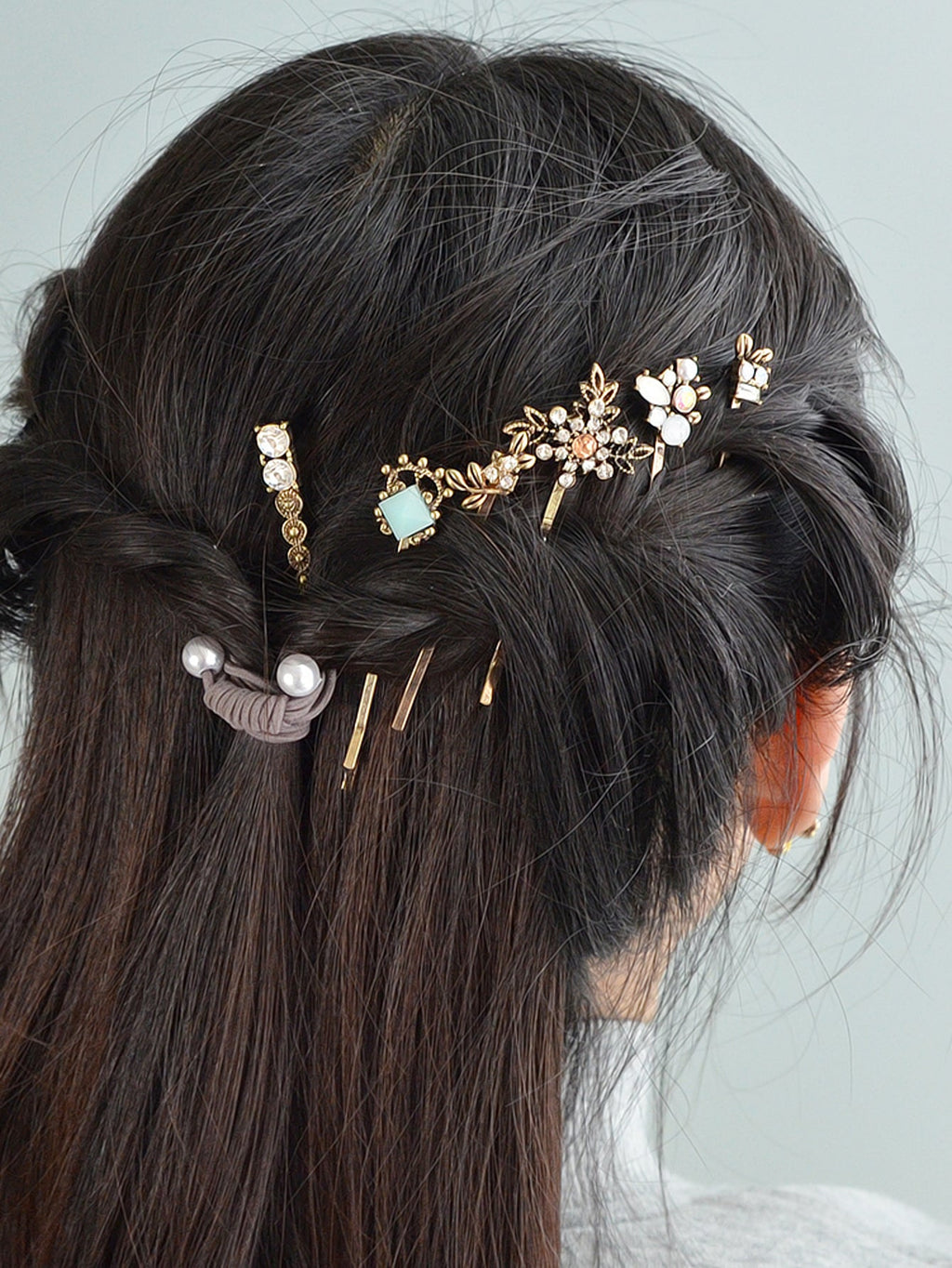 6 pcs Hair Accessories Ethnic Antique Gold Rhinestone Leaf Barrettes Hair Clips