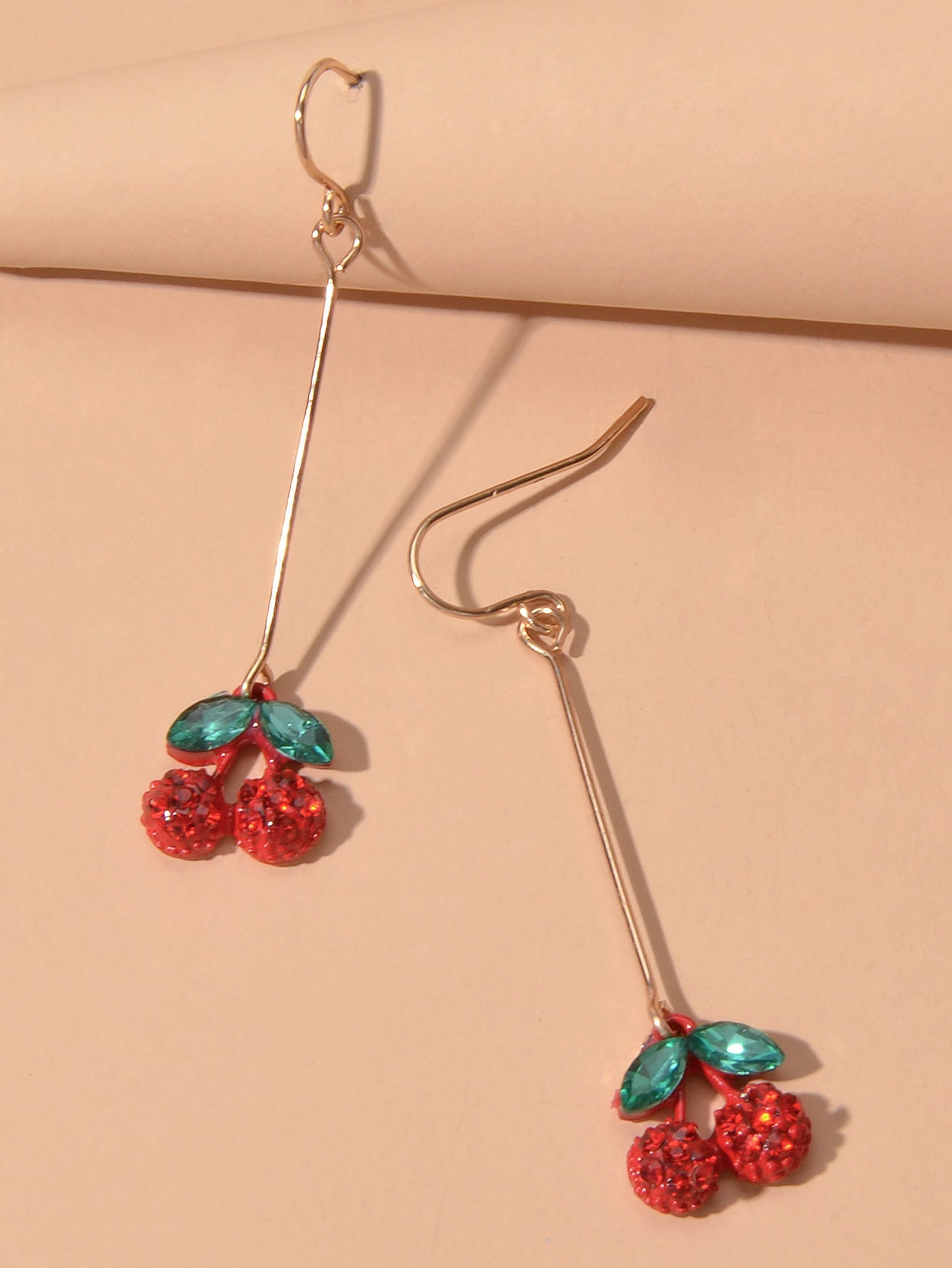 Gift Jewellery Cute Funny Green Crystal Red Cherry Long Dangle Pendant Earrings