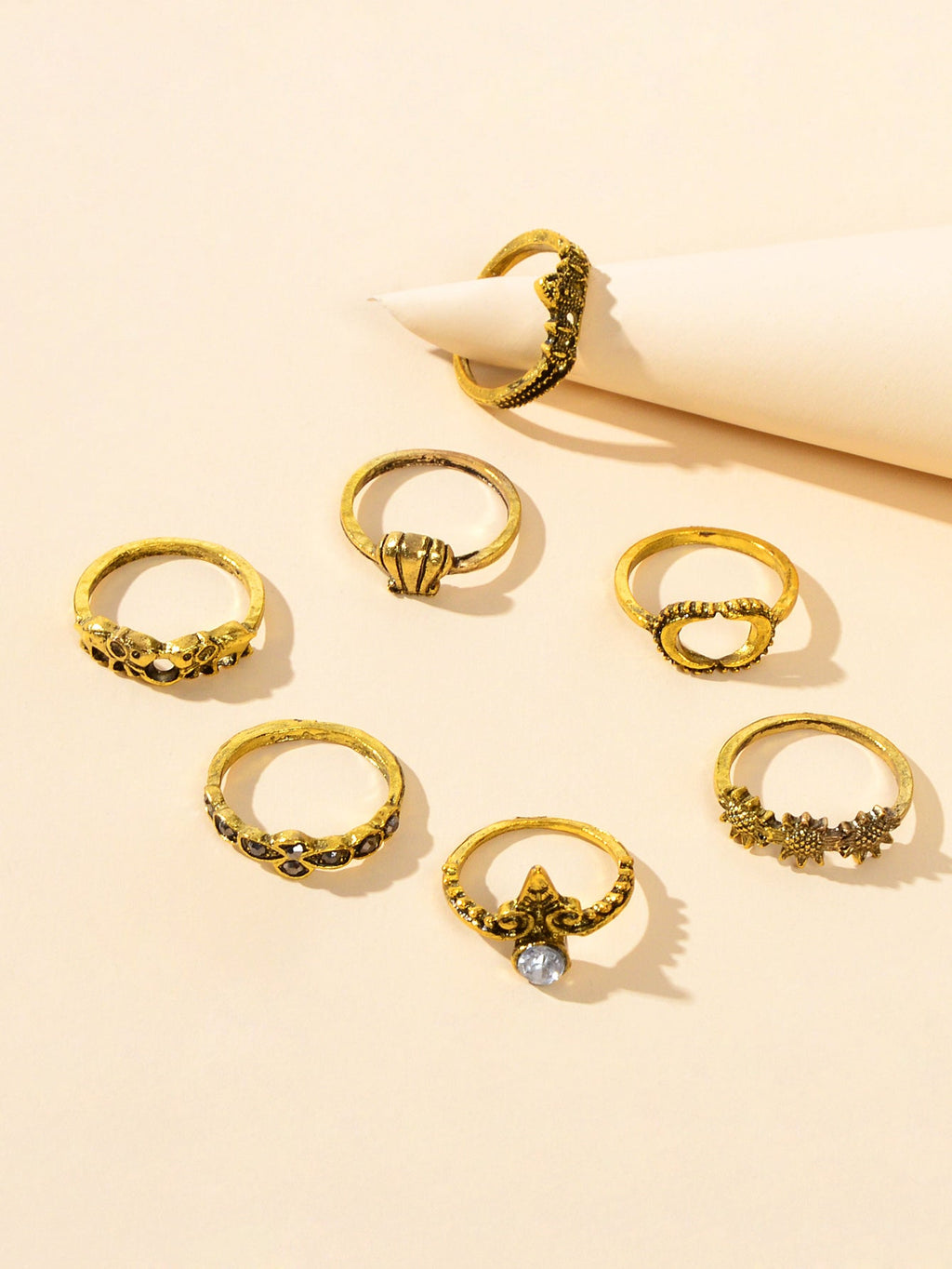 7 pcs Vintage Jewellery Oxidized Antique Gold Moon Shell Finger Ring Set