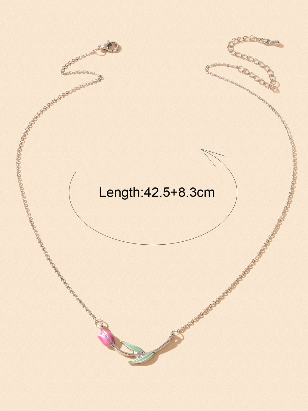 Elegant Silver Chain Green Leaf Pink Tulip Flower Pendant Anniversary Necklace