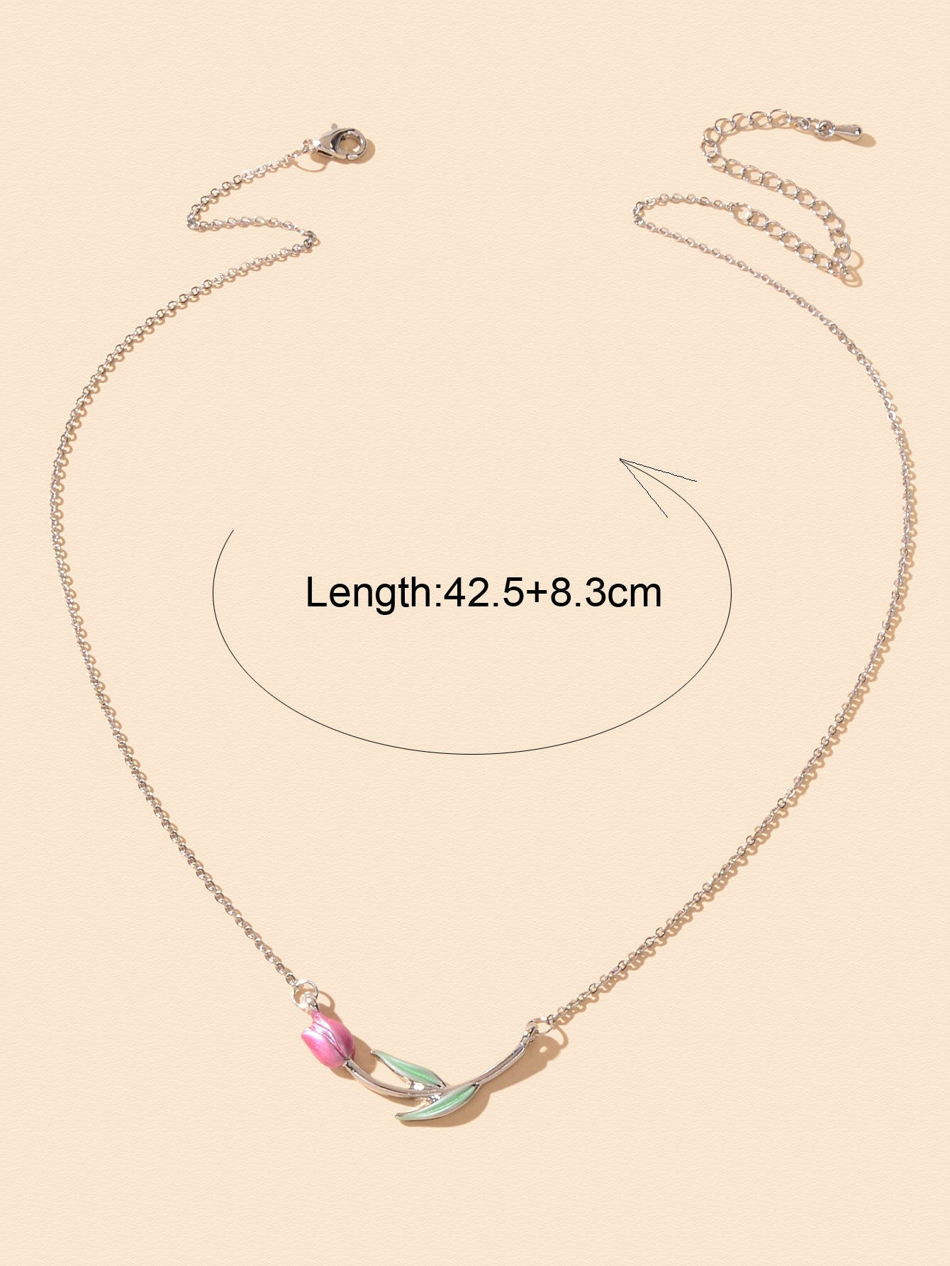 Elegant Silver Chain Green Leaf Pink Tulip Flower Pendant Anniversary Necklace