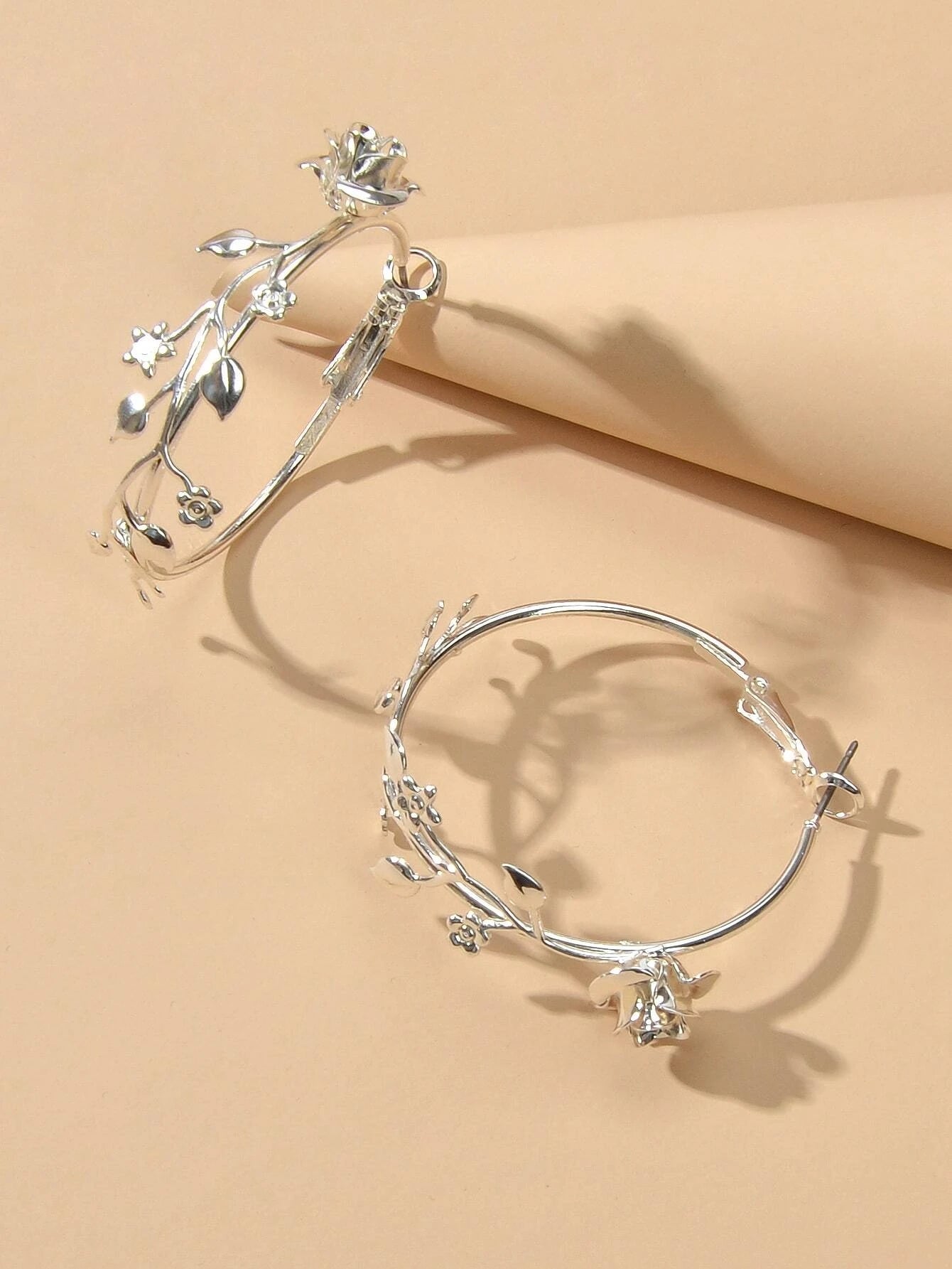 Traditional Silver Leaf Rose Flower Big Dangle Chunky Hoop Statement Earrings