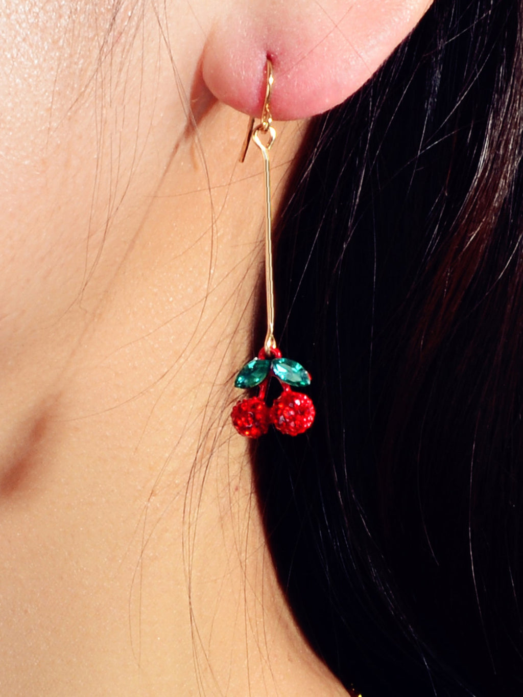 Gift Jewellery Cute Funny Green Crystal Red Cherry Long Dangle Pendant Earrings