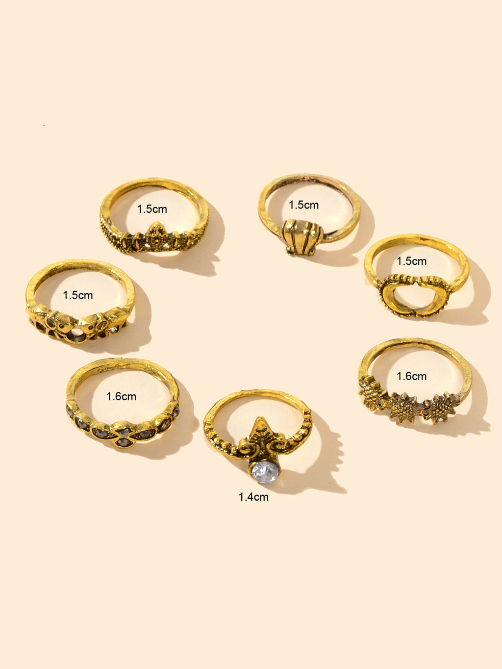 7 pcs Vintage Jewellery Oxidized Antique Gold Moon Shell Finger Ring Set