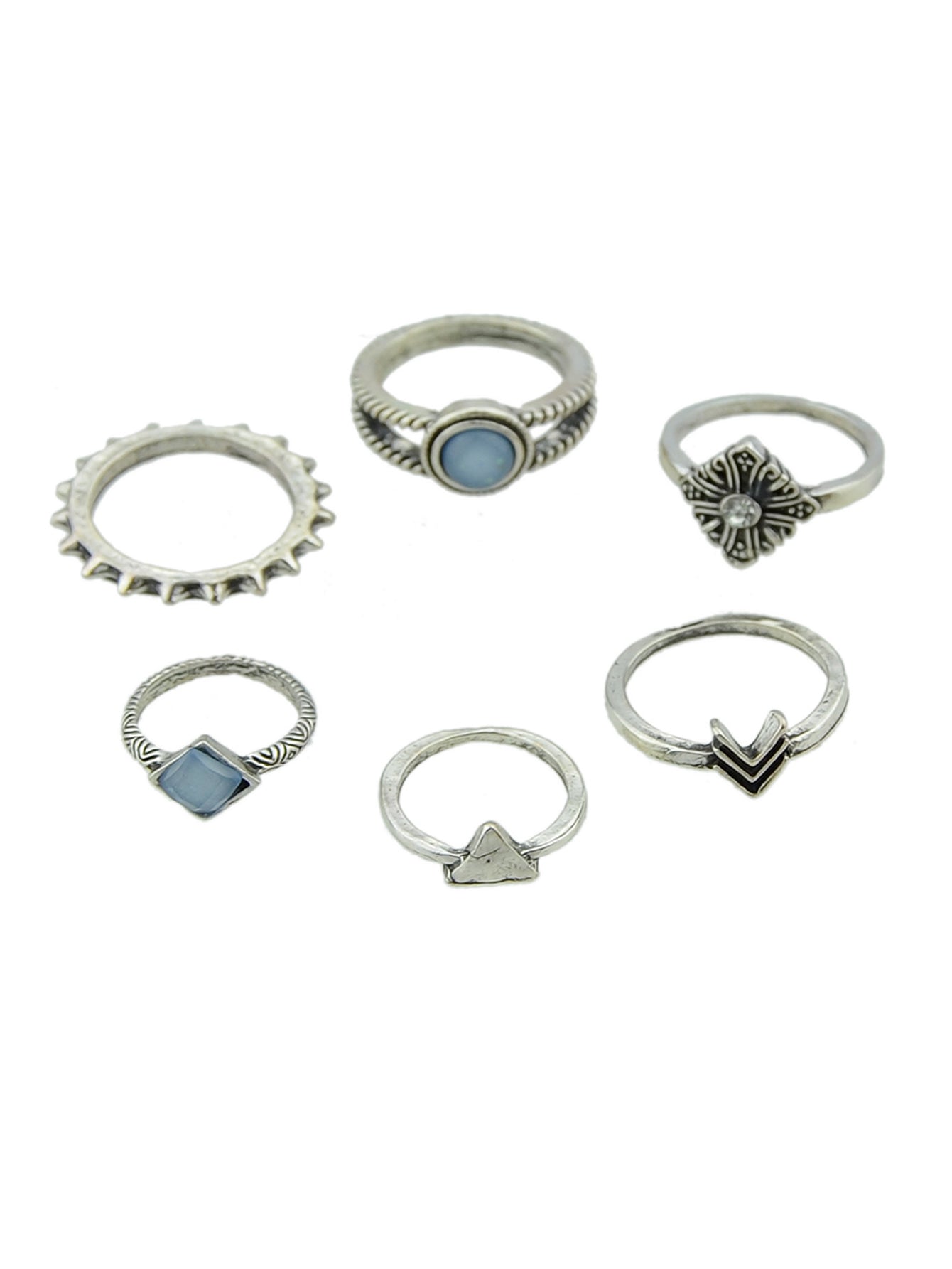 Vintage 6pcs Blue Bead Decor Arrow Flower Multiple Bulk Pack Joint Knot Ring set