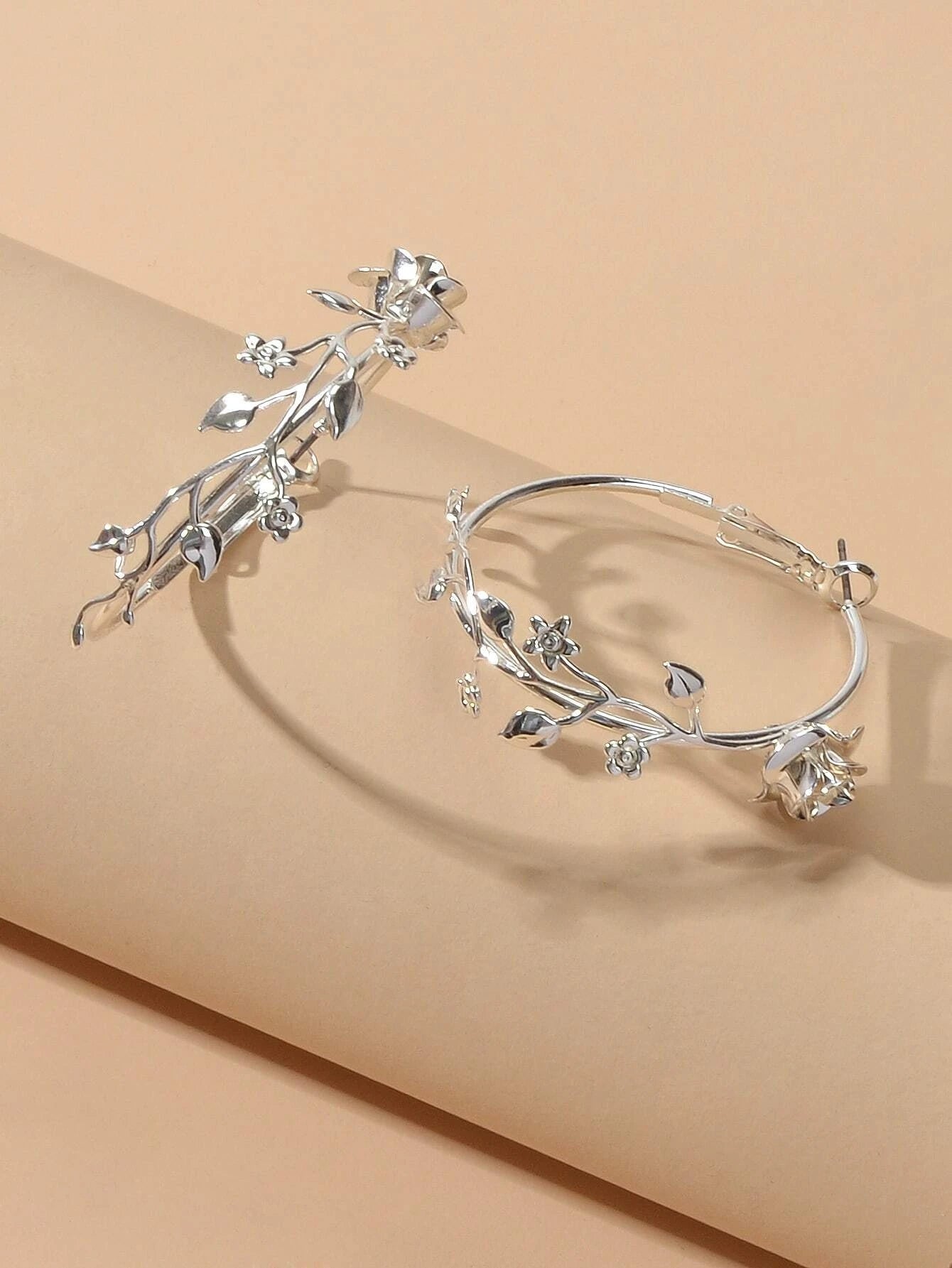 Traditional Silver Leaf Rose Flower Big Dangle Chunky Hoop Statement Earrings