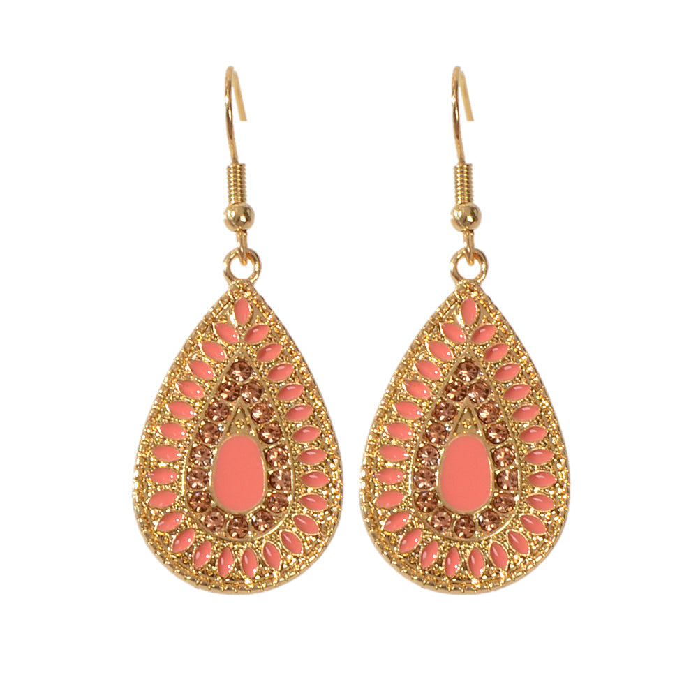 Rhinestone Pink Enamel Water Drop Earrings Teardrop Crystal Dangle Hook Ear Stud