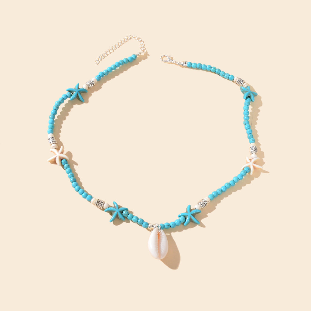 Sweet Jewellery Blue Colour Seed Beads Handmade Starfish Collar Short Necklace