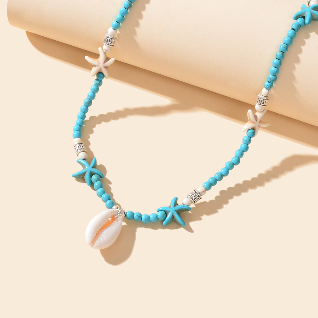 Sweet Jewellery Blue Colour Seed Beads Handmade Starfish Collar Short Necklace