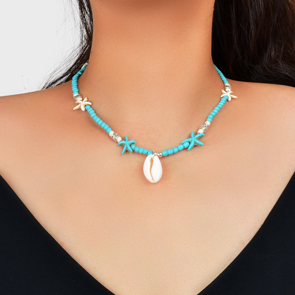 Sweet Jewellery Blue Colour Seed Beads Handmade Starfish Collar Short Necklace