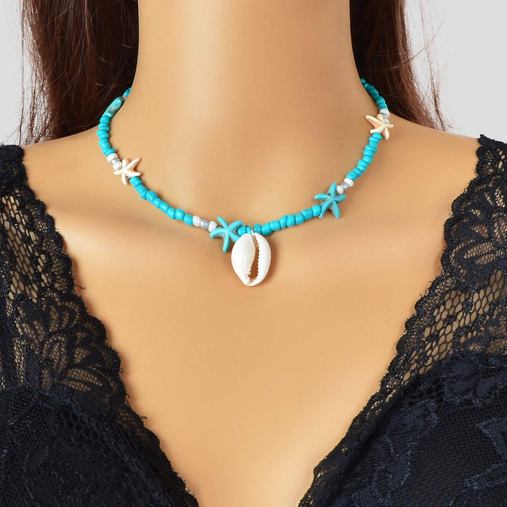 Sweet Jewellery Blue Colour Seed Beads Handmade Starfish Collar Short Necklace
