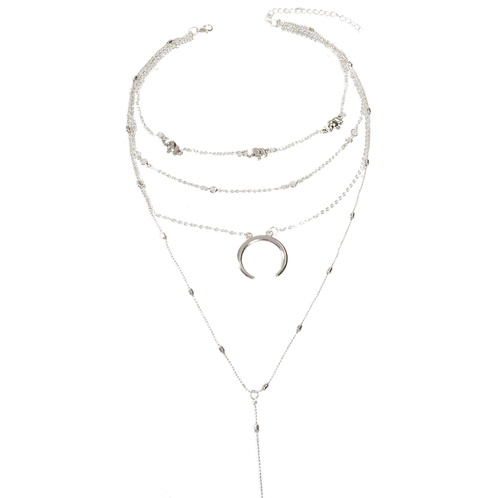 Tribal Ethnic Multi-layer Silver Chain Horns Pendant Necklace Boho Chic Jewelry