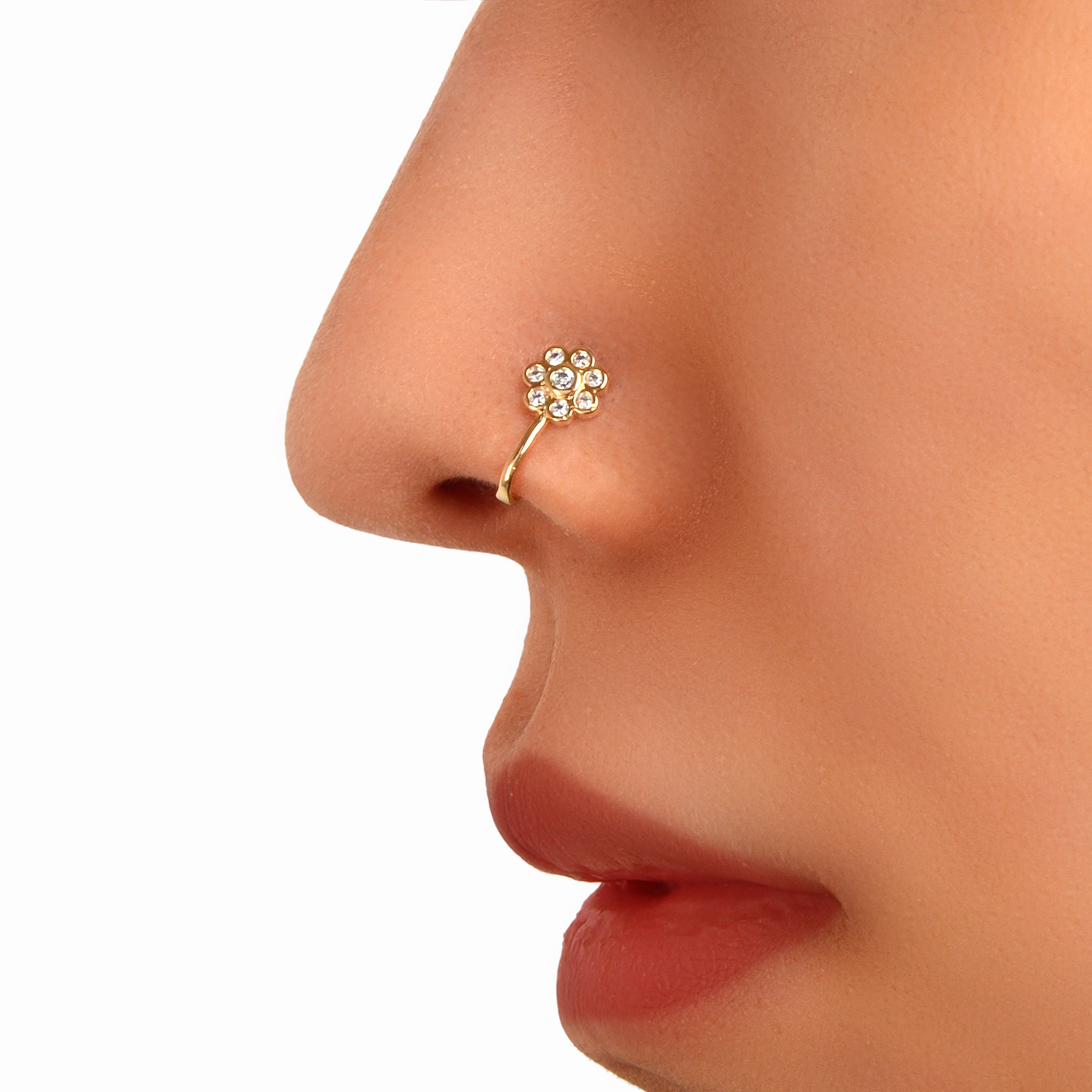 1pc Rhinestone Flower Fake Nose Rings Gold Copper African Nose Cuff Non Piercing