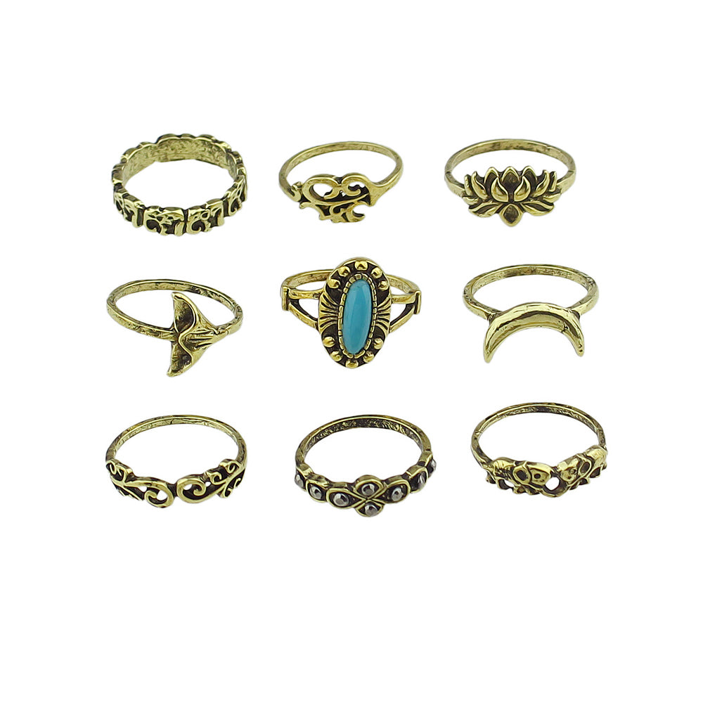 Stackable 9pcs Tribal Ethnic Lotus Elephant Moon Flower Multiple Bulk Rings set