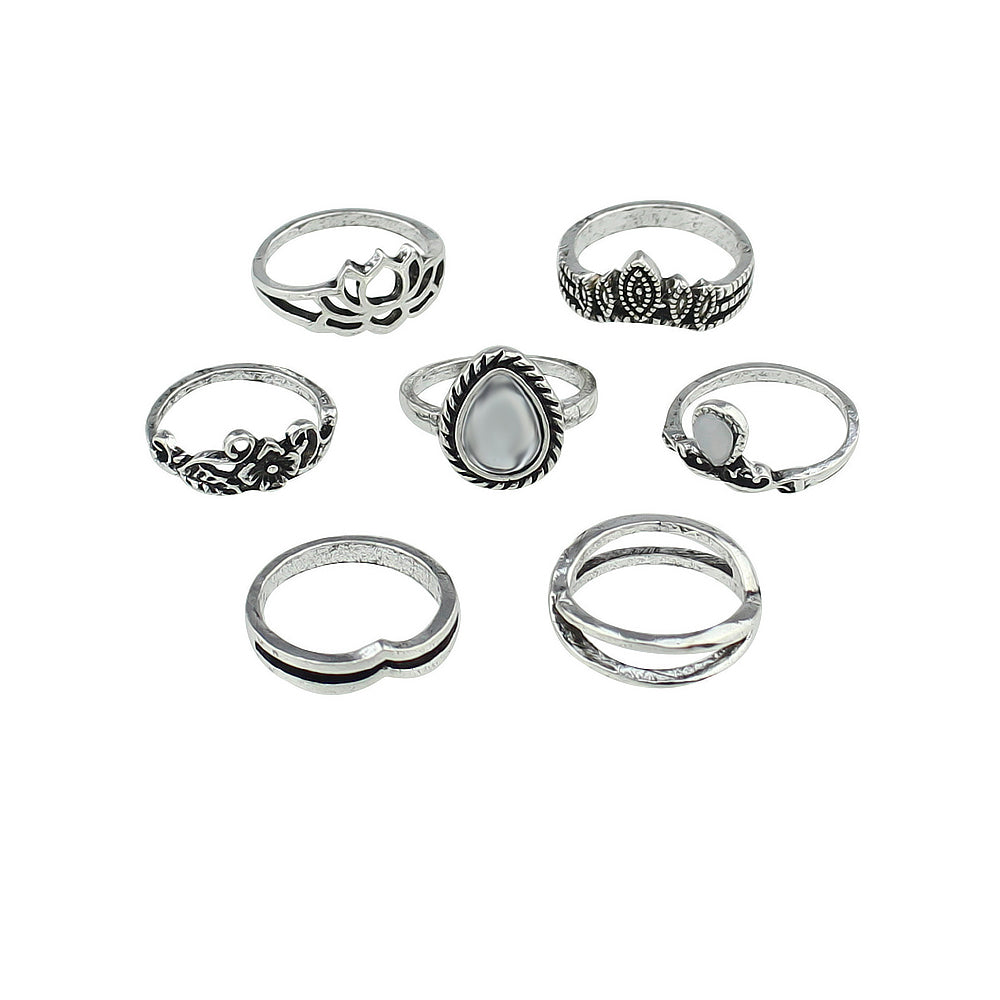 Tribal Ethnic 7 pcs Antique Silver Multiple Stackable Knuckle Finger Ring Set