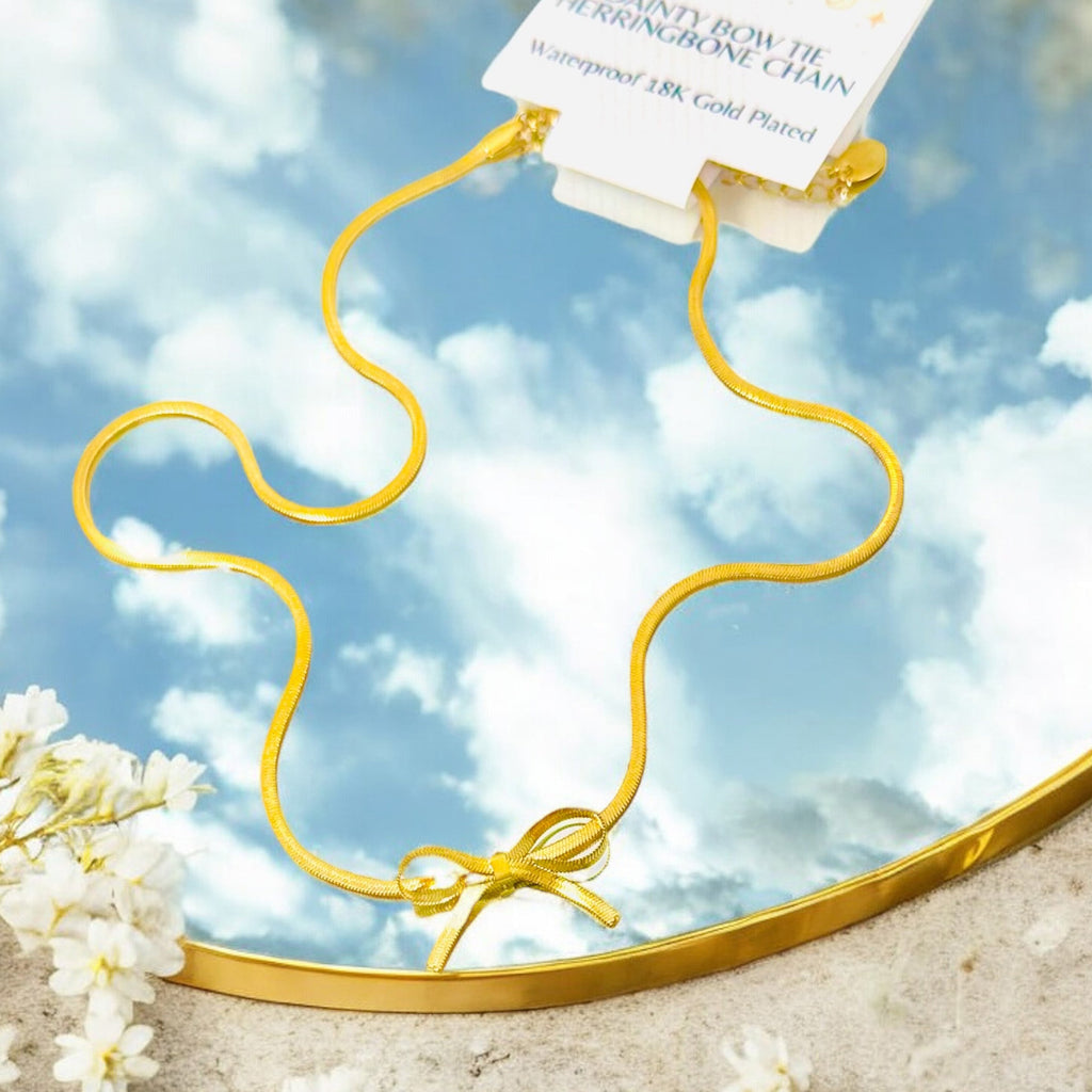 Dainty Bow Tie Herringbone - 18K Gold Plated, Waterproof Necklace