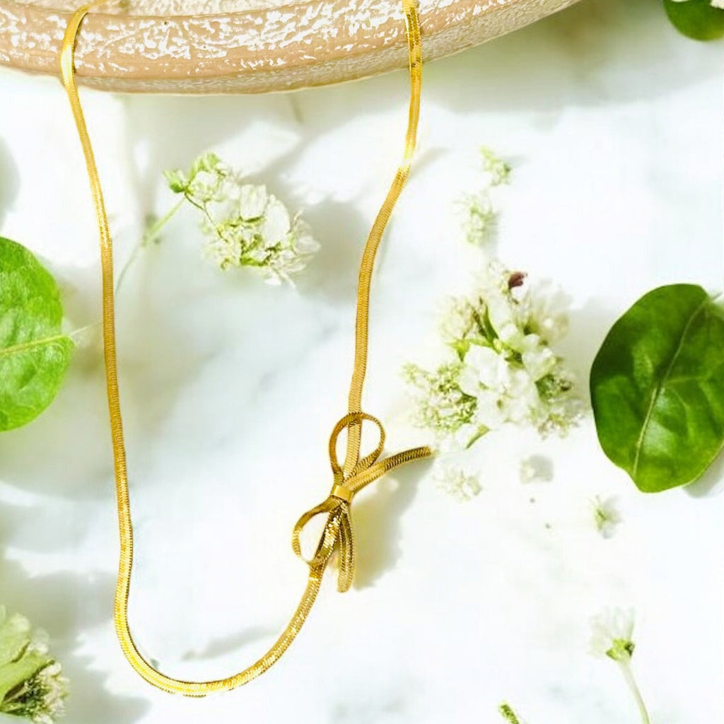 Dainty Bow Tie Herringbone - 18K Gold Plated, Waterproof Necklace