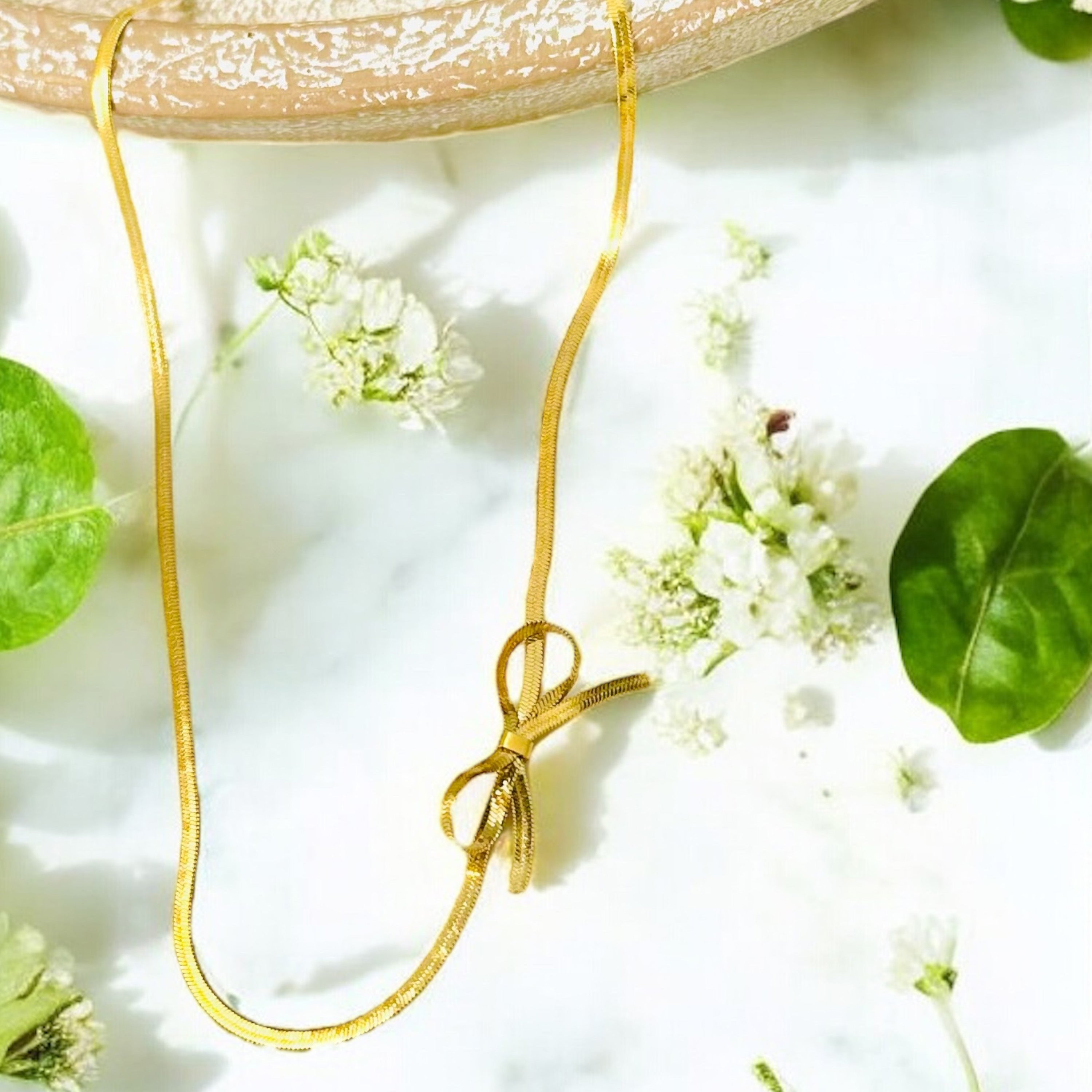 Dainty Bow Tie Herringbone - 18K Gold Plated, Waterproof Necklace