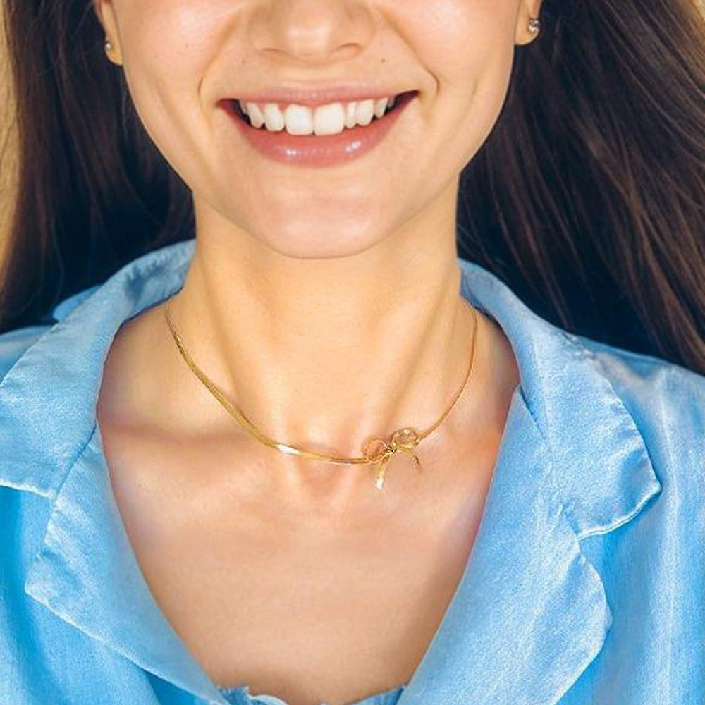 Dainty Bow Tie Herringbone - 18K Gold Plated, Waterproof Necklace