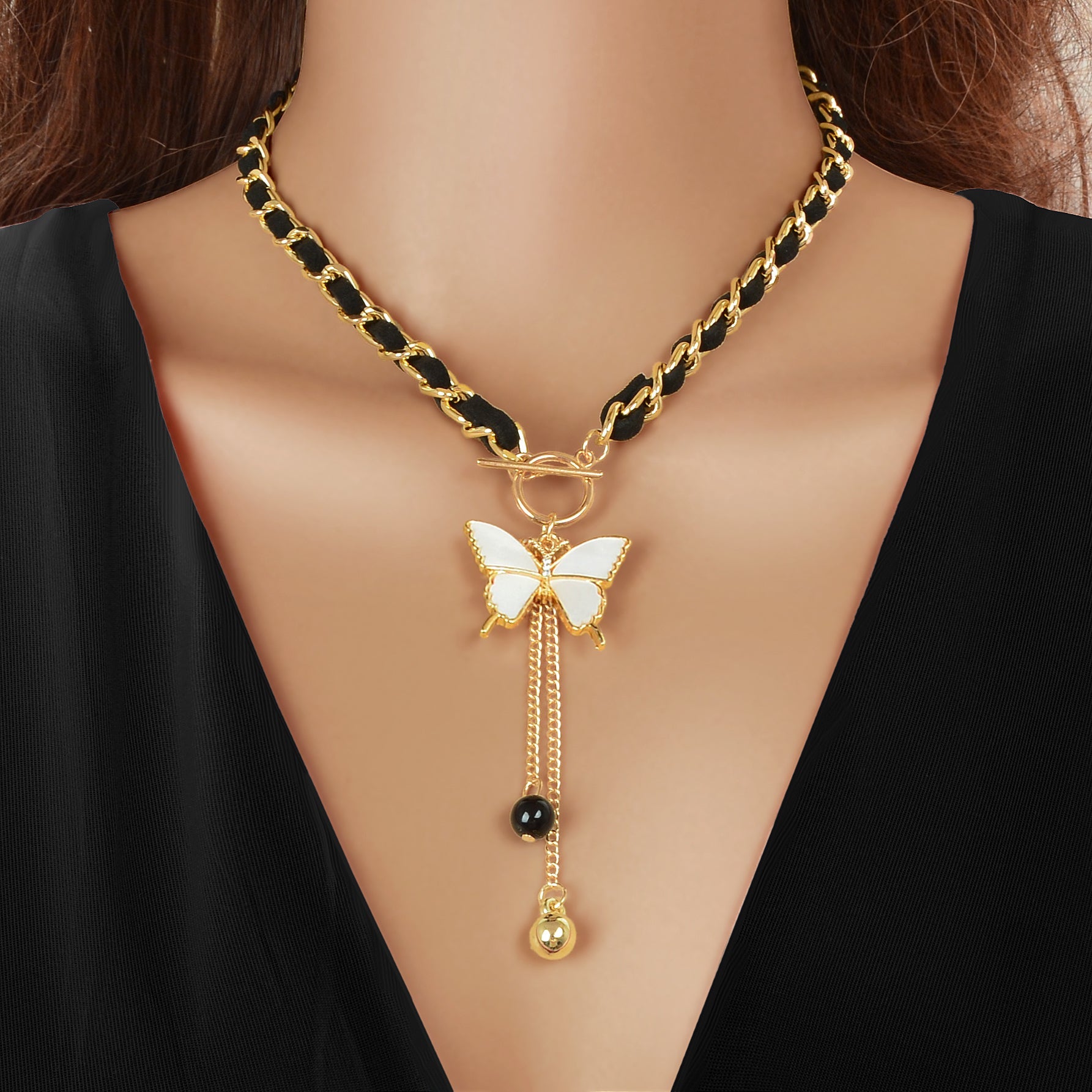 1pc Designer Stylish Butterfly Charm and Ball Pendant Tassel Braided Long Necklace Women Party Daily Jewelry