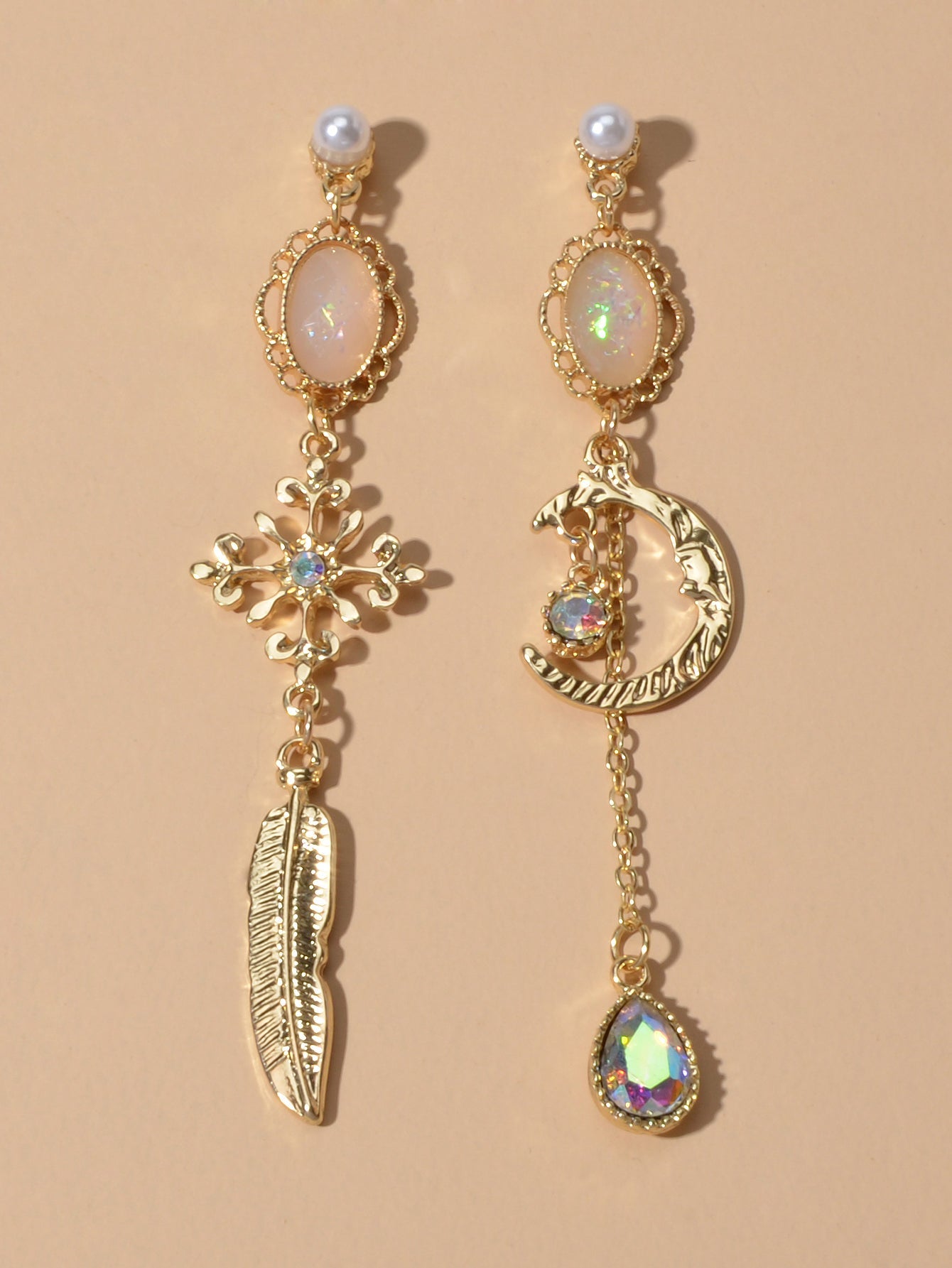 AU Local Rhinestone Moon Feather Snowflake Waterdrop Asymmetric Stud Earrings