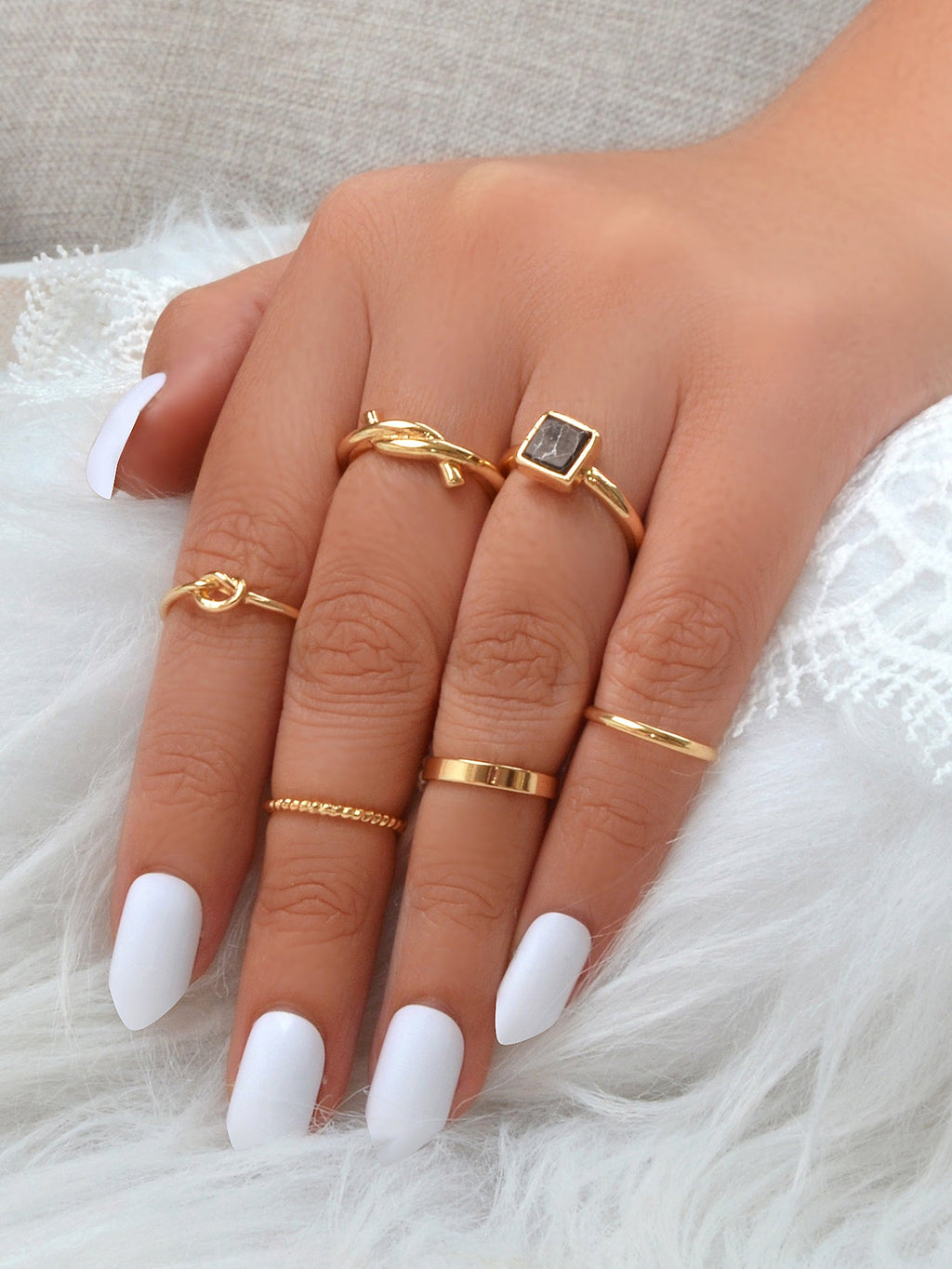 6 pcs Fashion Jewellery Black Stone Decor Gold Silver Midi Finger Knuckle Rings
